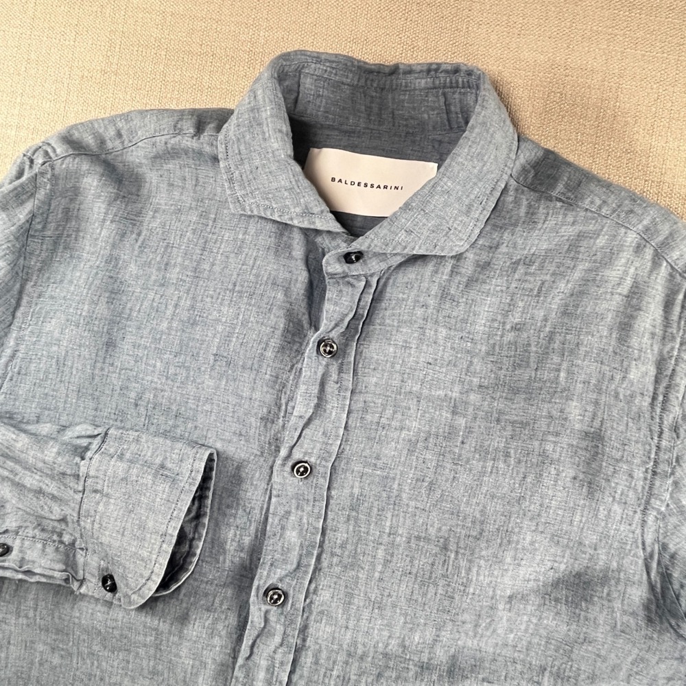 Baldessarini Button Down Shirt Mens L 42 Blue 100% Linen BLD-Hugh Long Sleeve - Picture 1 of 7